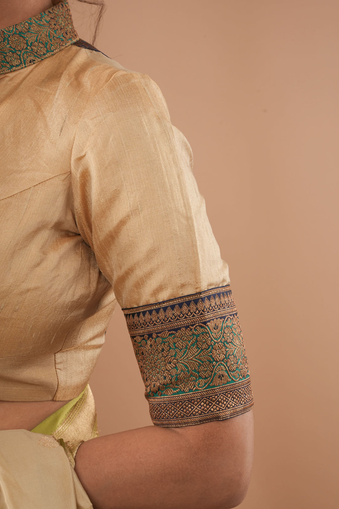 Sandalwood Pure Tissue  Raw Silk Blouse with blue green borders antique zari detailing, Customizable, Made to Order | SHOBITAM