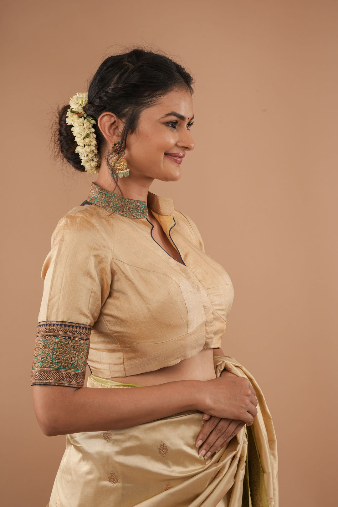 Sandalwood Pure Tissue  Raw Silk Blouse with blue green borders antique zari detailing, Customizable, Made to Order | SHOBITAM