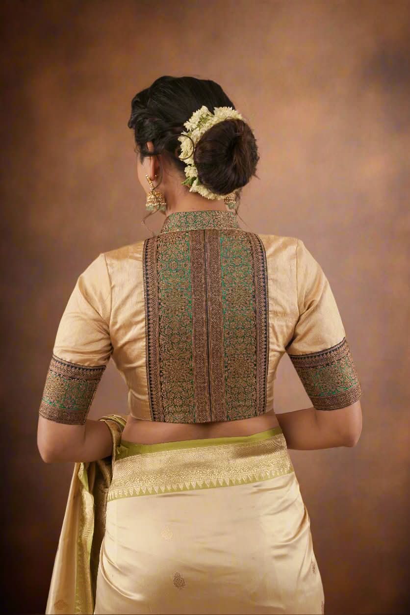 Sandalwood Pure Tissue  Raw Silk Blouse with blue green borders antique zari detailing, Customizable, Made to Order | SHOBITAM
