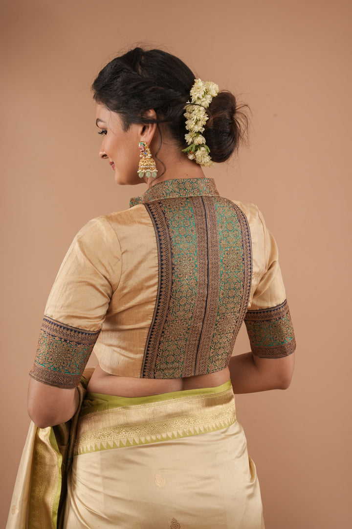 Sandalwood Pure Tissue  Raw Silk Blouse with blue green borders antique zari detailing, Customizable, Made to Order | SHOBITAM