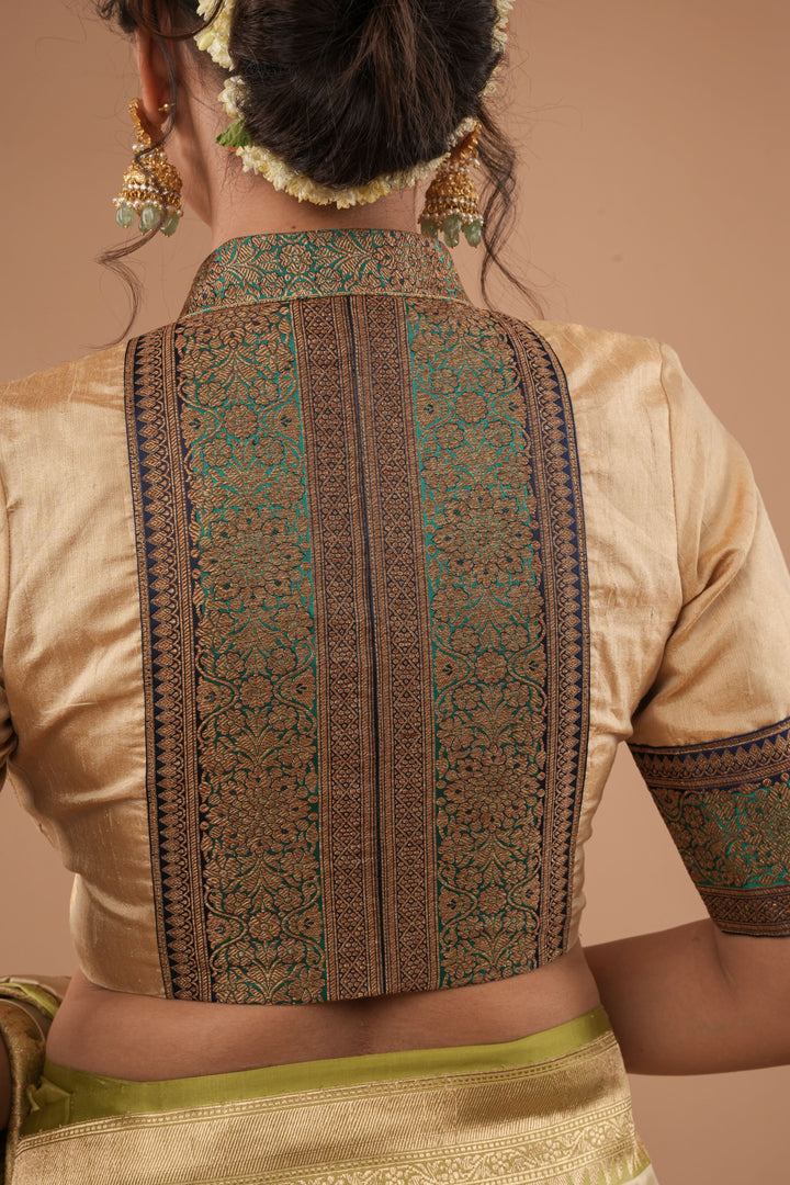 Sandalwood Pure Tissue  Raw Silk Blouse with blue green borders antique zari detailing, Customizable, Made to Order | SHOBITAM