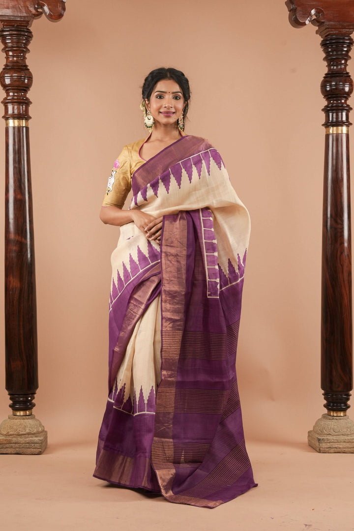Beige Jari Tussar Silk Saree with Floral and Temple print and Purple Zari Border | SILK MARK CERTIFIED