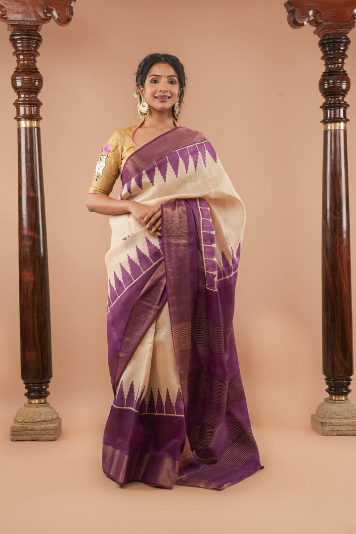 Beige Jari Tussar Silk Saree with Floral and Temple print and Purple Zari Border | SILK MARK CERTIFIED