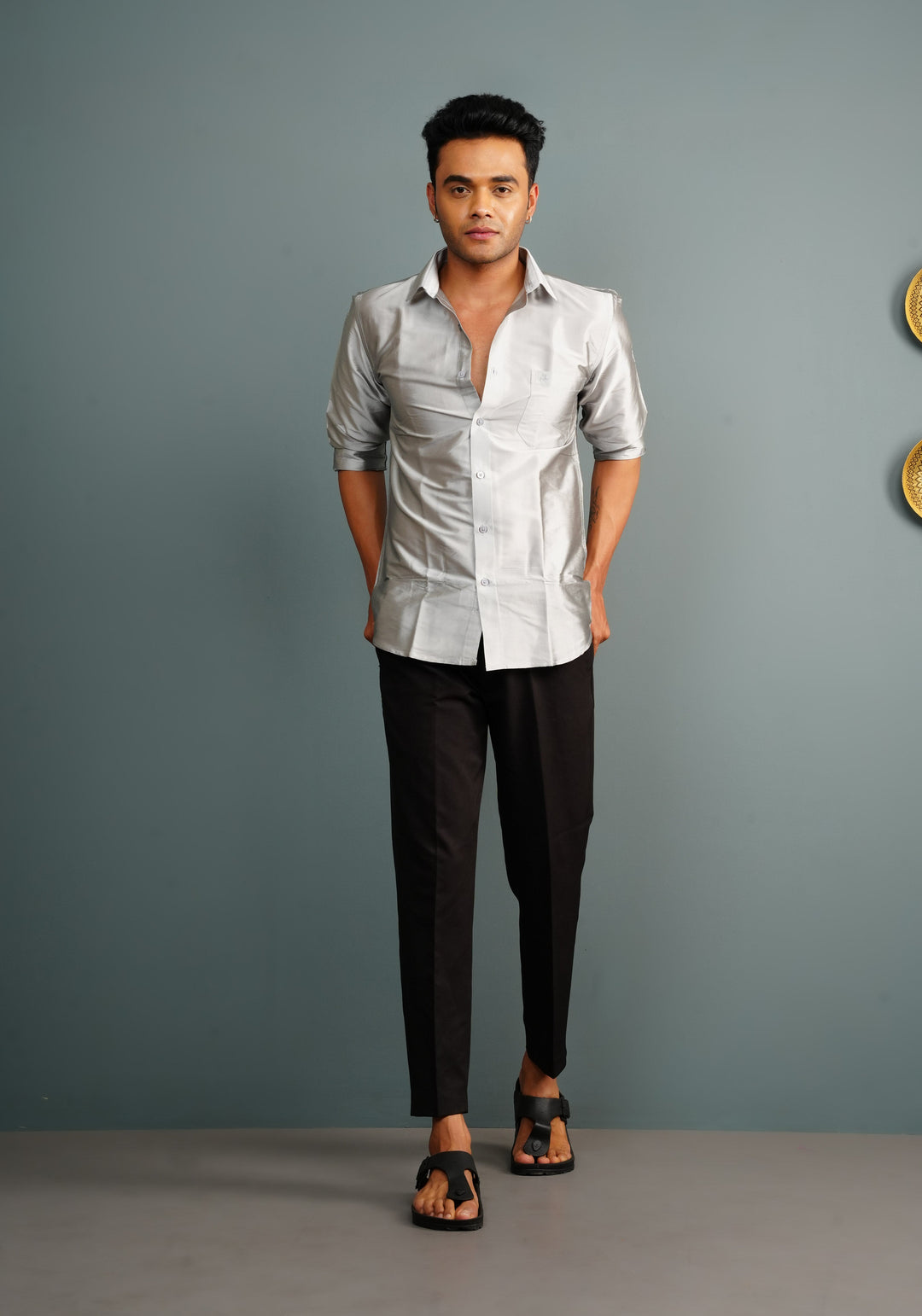 Mens Silver Color Solid Shirt for Dhoti and Trousers