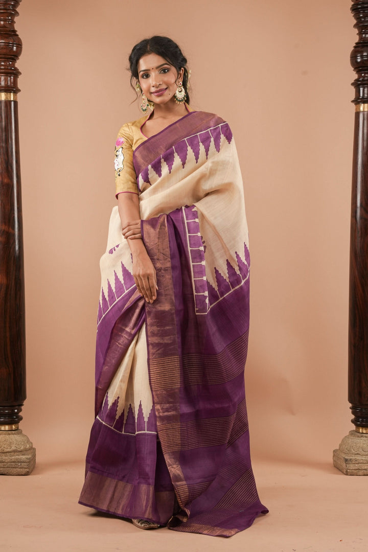 Beige Jari Tussar Silk Saree with Floral and Temple print and Purple Zari Border | SILK MARK CERTIFIED