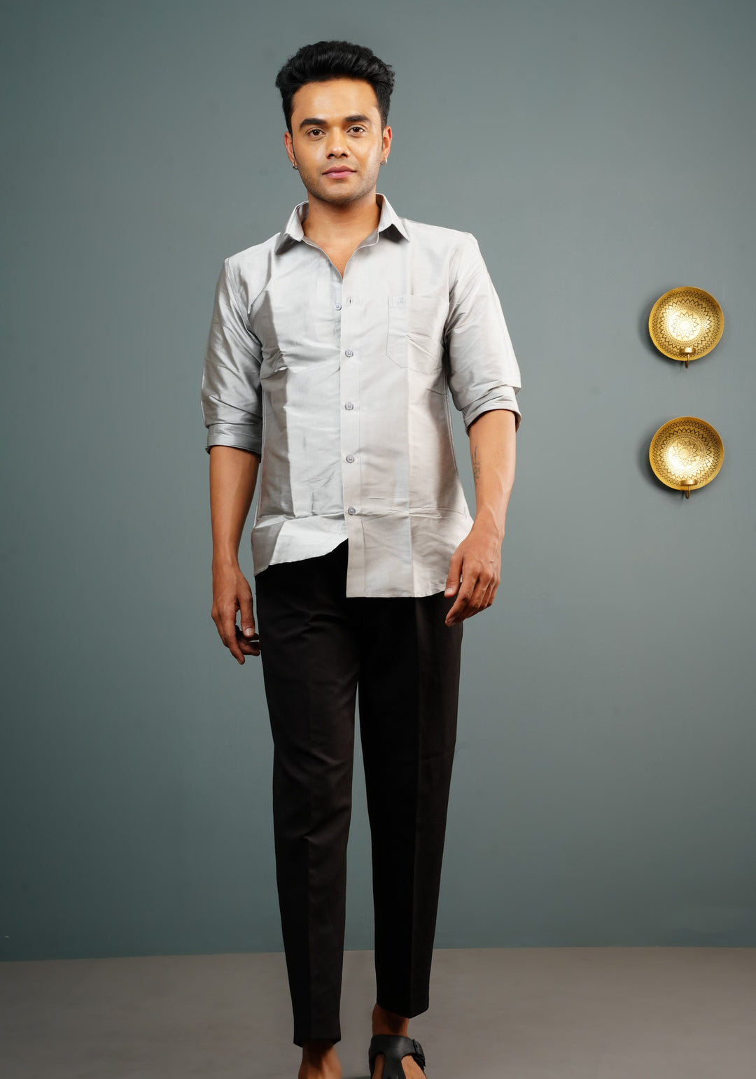 Mens Silver Color Solid Shirt for Dhoti and Trousers