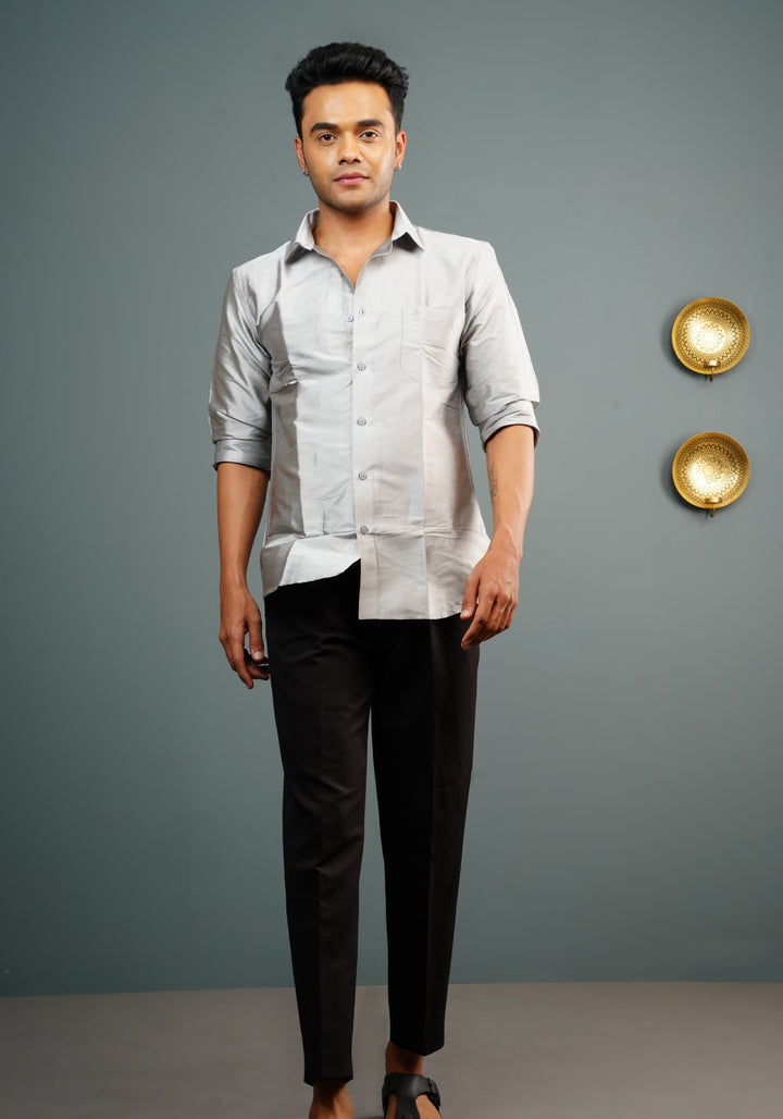 Mens Silver Color Solid Shirt for Dhoti and Trousers
