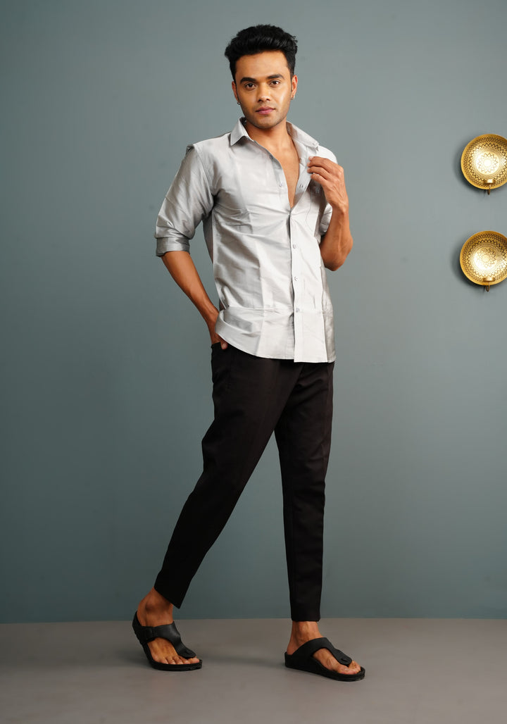 Mens Silver Color Solid Shirt for Dhoti and Trousers