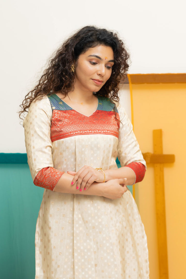 Ivory Tissue Kurti Set with Dual shade Brocade Yoke| Shobitam Custom Gowns | Made To Order