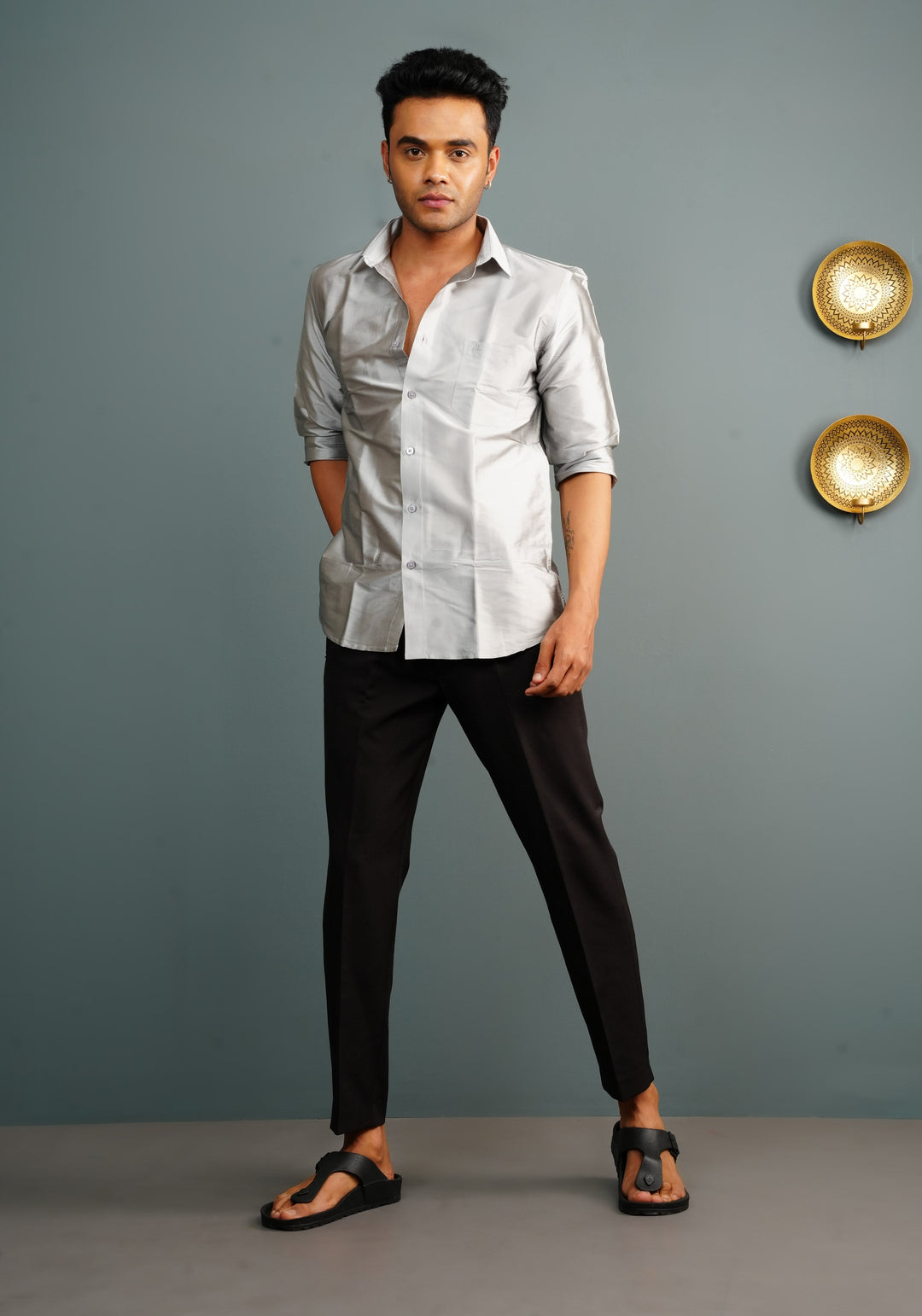 Mens Silver Color Solid Shirt for Dhoti and Trousers