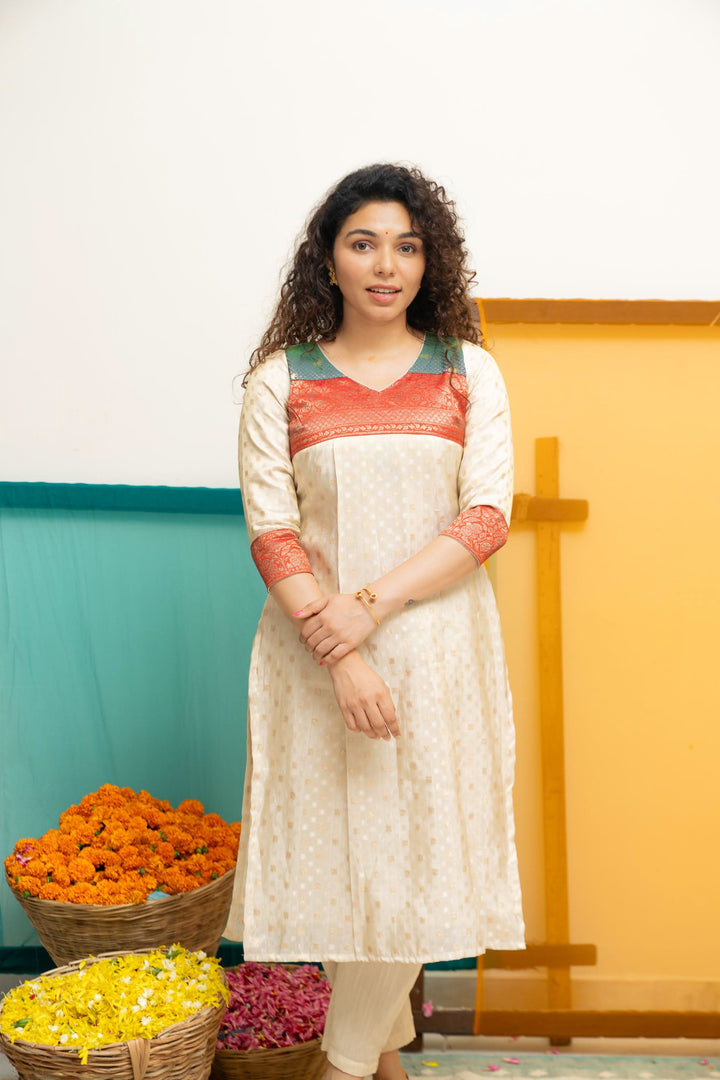 Ivory Tissue Kurti Set with Dual shade Brocade Yoke| Shobitam Custom Gowns | Made To Order