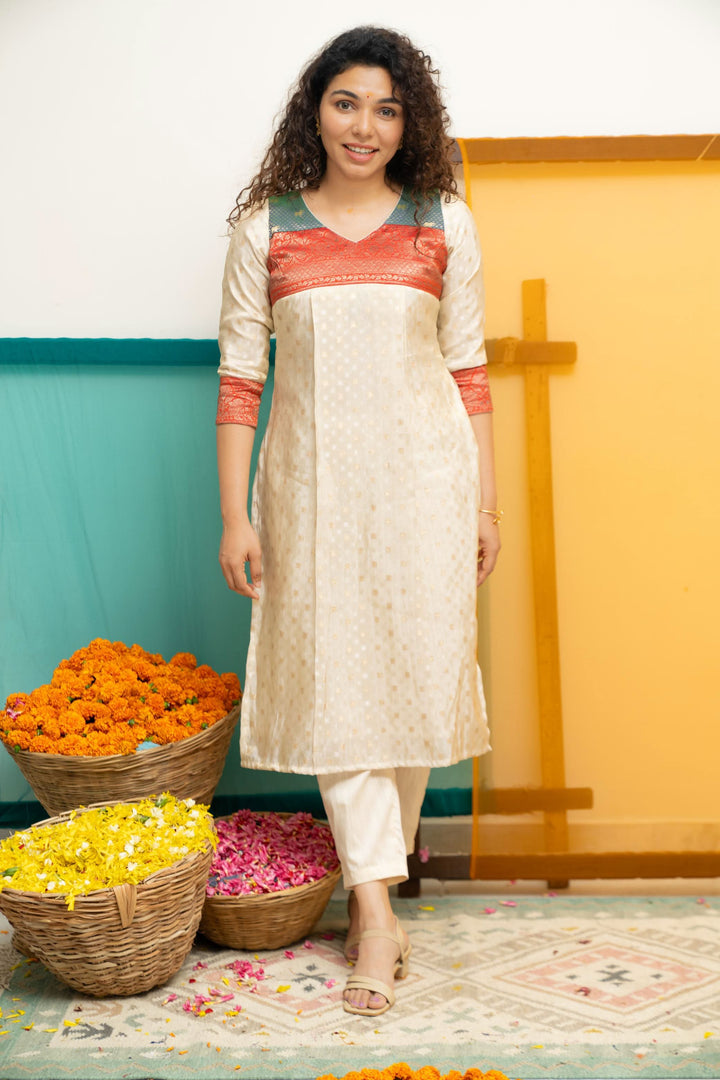 Ivory Tissue Kurti Set with Dual shade Brocade Yoke| Shobitam Custom Gowns | Made To Order