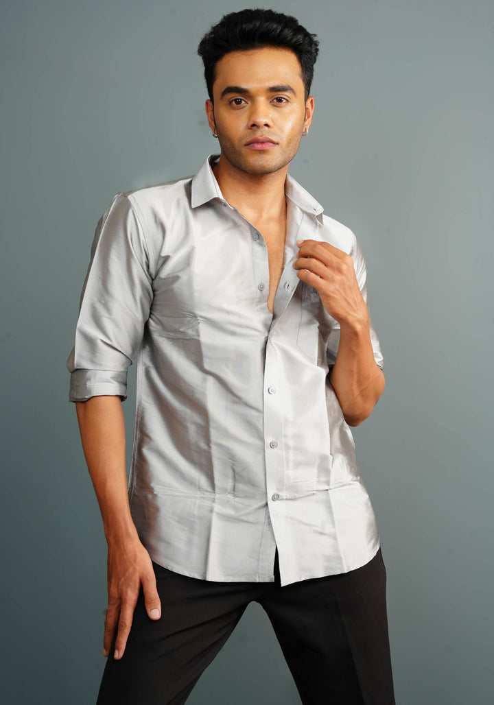 Mens Silver Color Solid Shirt for Dhoti and Trousers