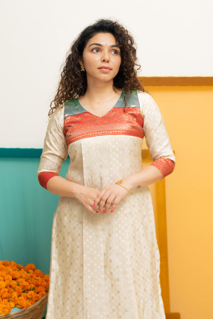 Ivory Tissue Kurti Set with Dual shade Brocade Yoke| Shobitam Custom Gowns | Made To Order