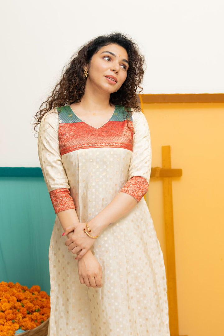 Ivory Tissue Kurti Set with Dual shade Brocade Yoke| Shobitam Custom Gowns | Made To Order