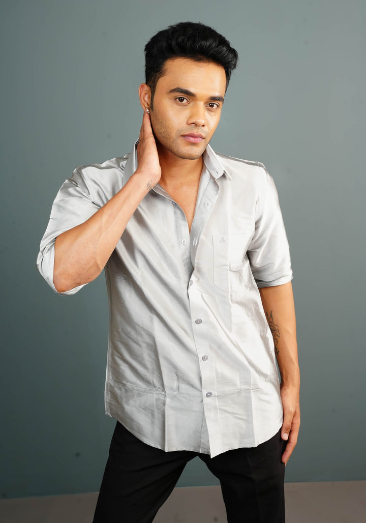 Mens Silver Color Solid Shirt for Dhoti and Trousers