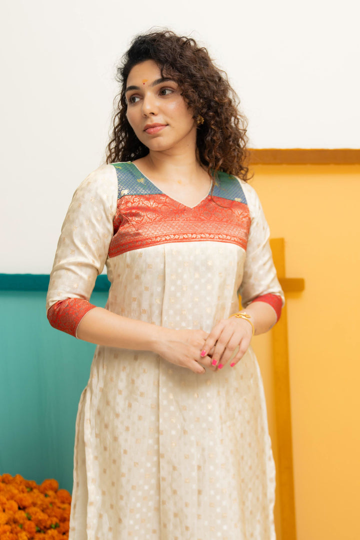 Ivory Tissue Kurti Set with Dual shade Brocade Yoke| Shobitam Custom Gowns | Made To Order