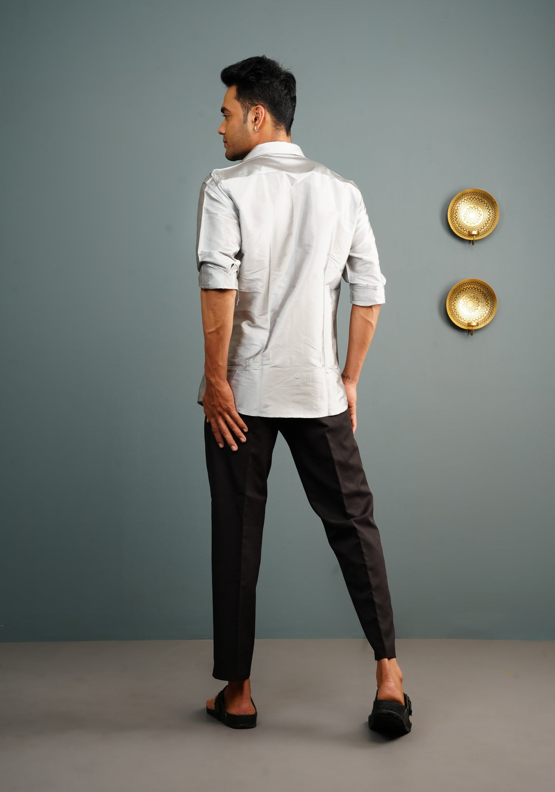 Mens Silver Color Solid Shirt for Dhoti and Trousers