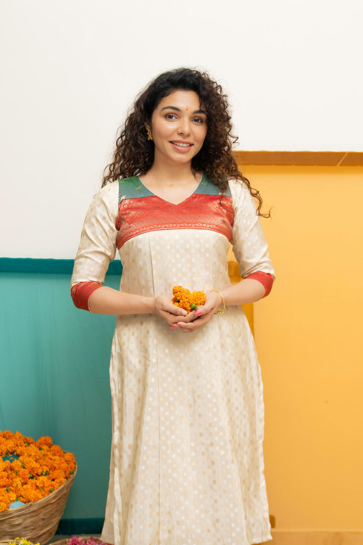 Ivory Tissue Kurti Set with Dual shade Brocade Yoke| Shobitam Custom Gowns | Made To Order