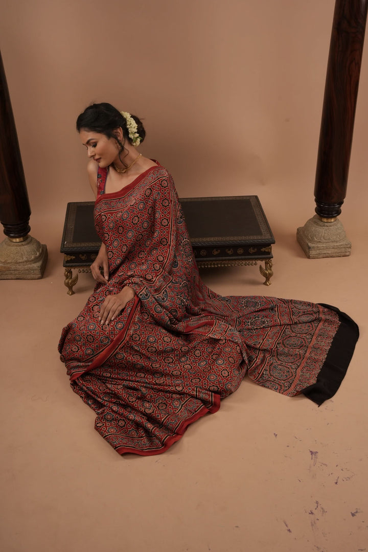 Red Ajrakh Hand Block Print on Modal Silk Saree
