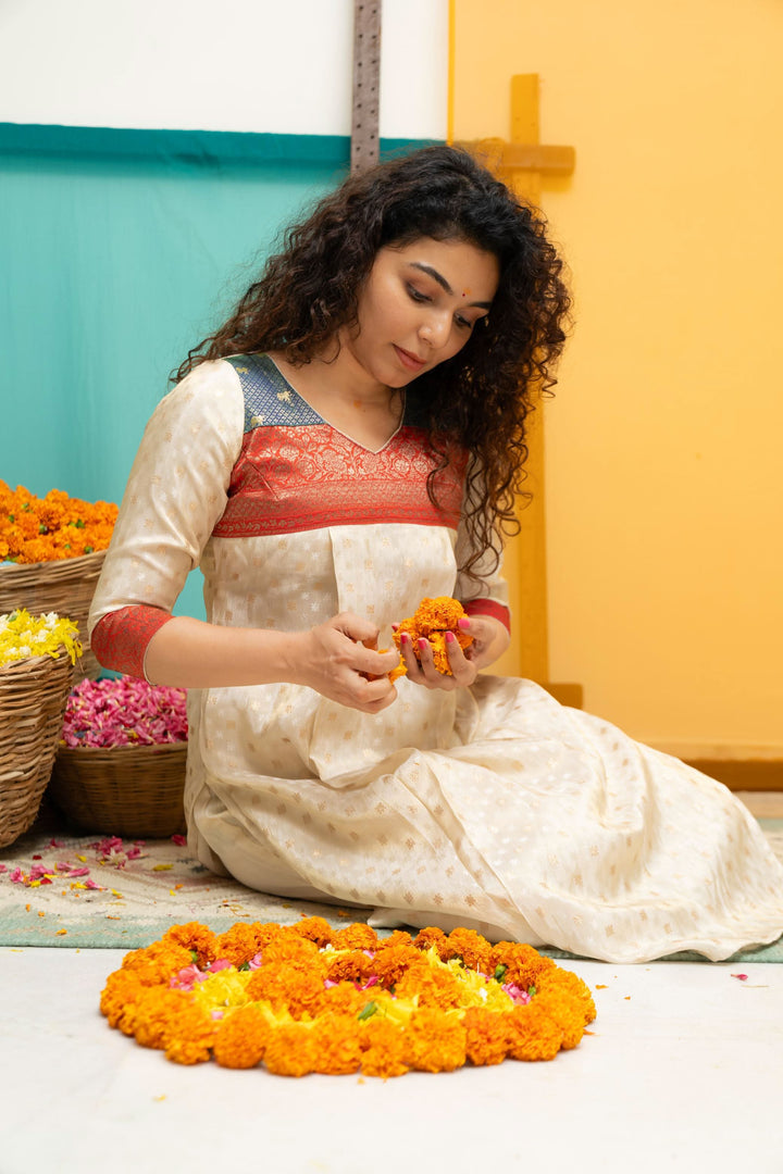 Ivory Tissue Kurti Set with Dual shade Brocade Yoke| Shobitam Custom Gowns | Made To Order