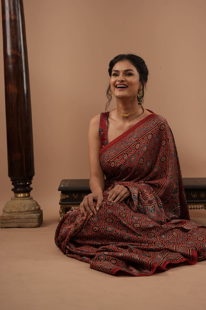 Red Ajrakh Hand Block Print on Modal Silk Saree