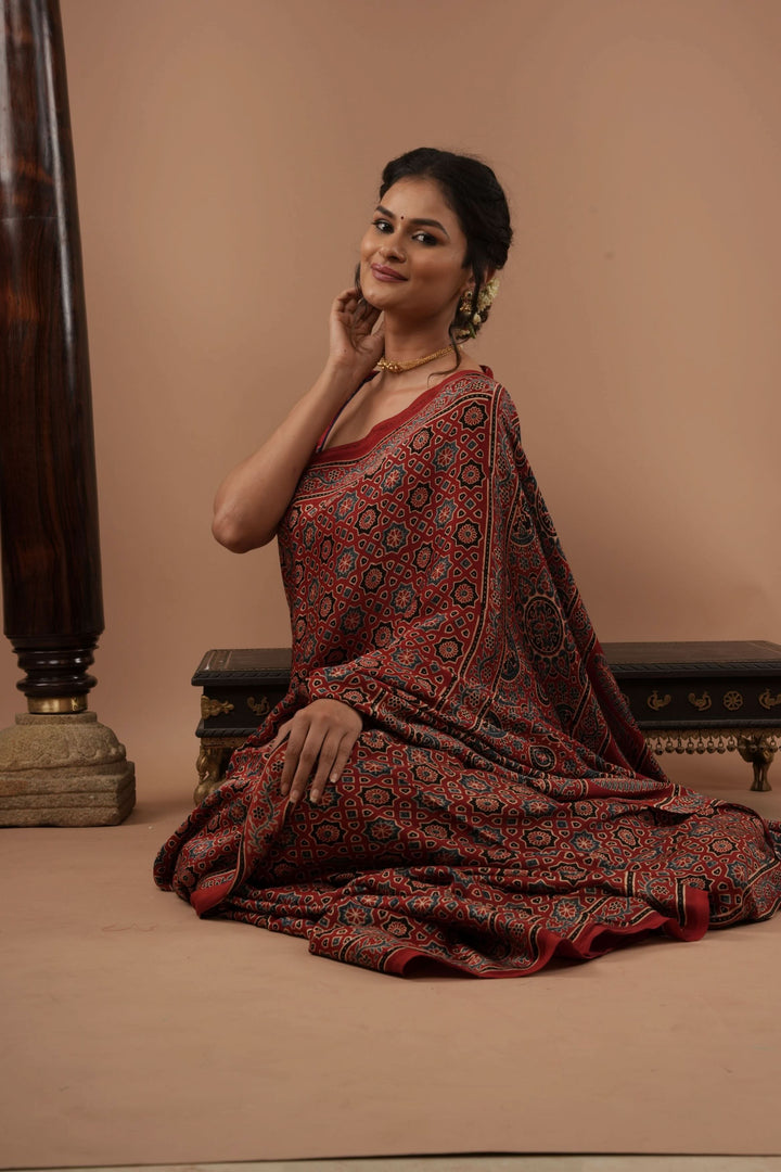 Red Ajrakh Hand Block Print on Modal Silk Saree
