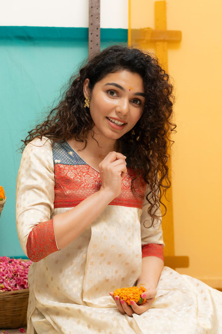 Ivory Tissue Kurti Set with Dual shade Brocade Yoke| Shobitam Custom Gowns | Made To Order