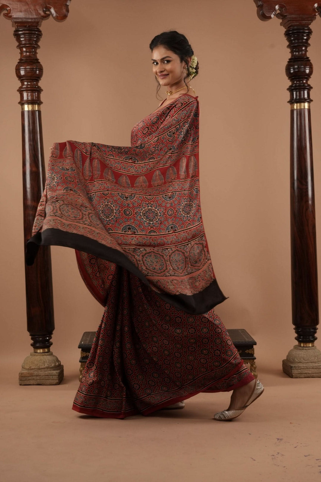 Red Ajrakh Hand Block Print on Modal Silk Saree