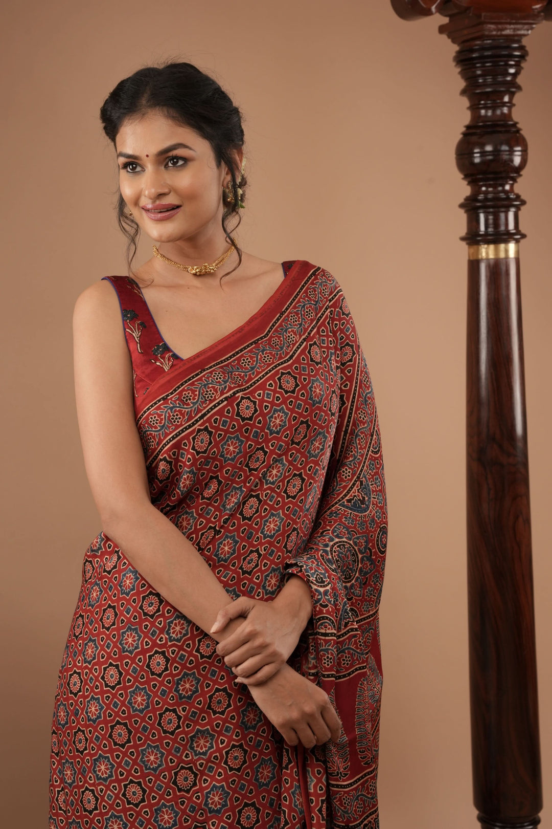 Red Ajrakh Hand Block Print on Modal Silk Saree