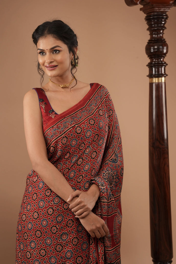 Red Ajrakh Hand Block Print on Modal Silk Saree