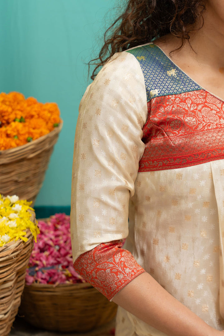 Ivory Tissue Kurti Set with Dual shade Brocade Yoke| Shobitam Custom Gowns | Made To Order