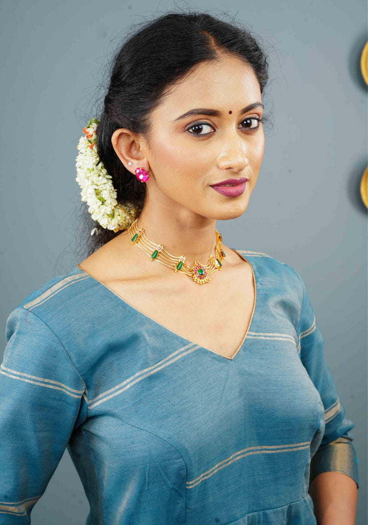 Gold tone kerala style pink-green nagapadam choker combo necklace set