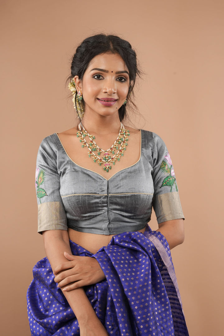 Pure raw silk blouse in Gray with Pichwai Cow Handpainting and zari borders, Customizable, Made to Order