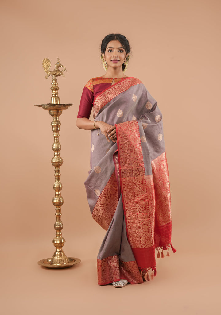 Gray Pure Tussar Silk Banarasi Saree with Antique Zari Kadhuwa Weaving | SILK MARK CERTIFIED