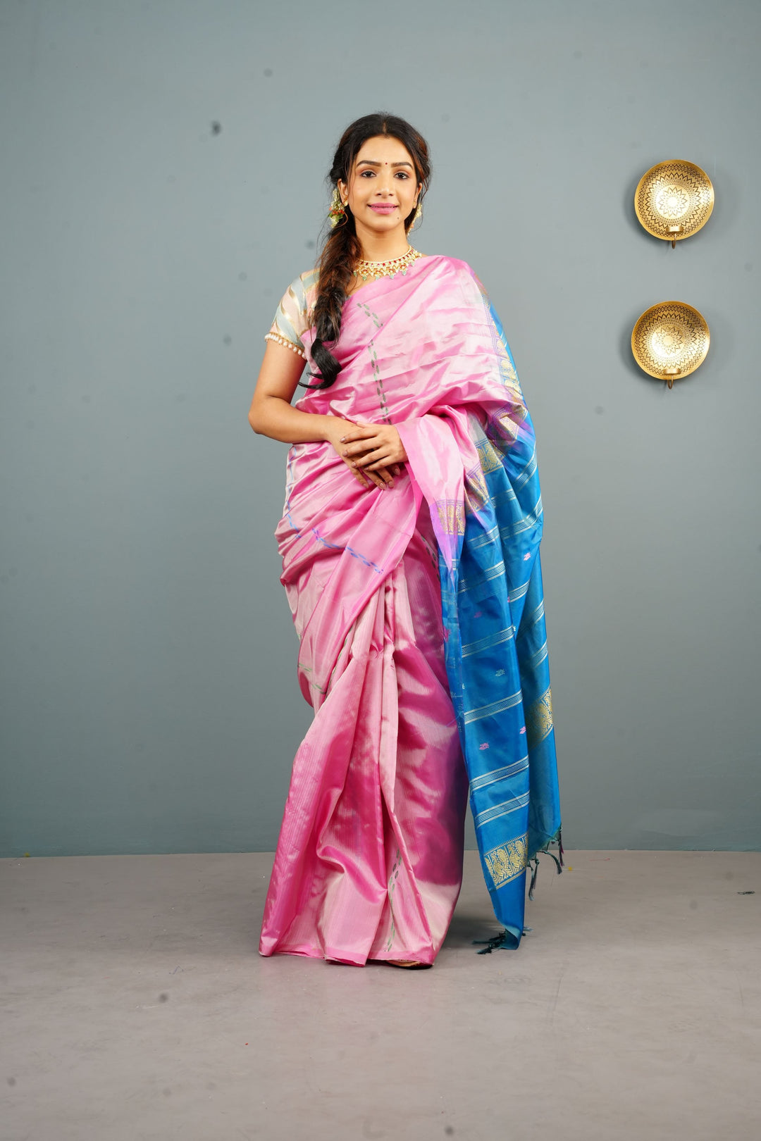 Vegan Silk Handloom Saree in pink with Resham Stripes, No Blouse piece