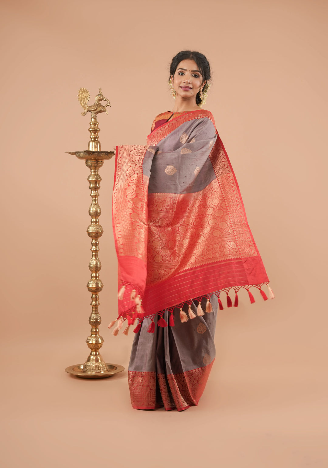 Gray Pure Tussar Silk Banarasi Saree with Antique Zari Kadhuwa Weaving | SILK MARK CERTIFIED
