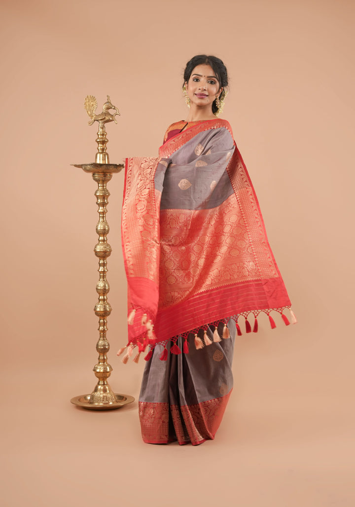 Gray Pure Tussar Silk Banarasi Saree with Antique Zari Kadhuwa Weaving | SILK MARK CERTIFIED