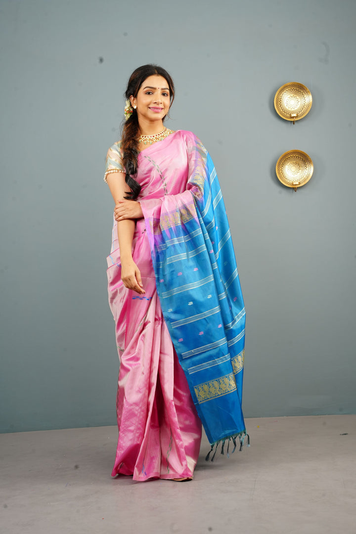 Vegan Silk Handloom Saree in pink with Resham Stripes, No Blouse piece