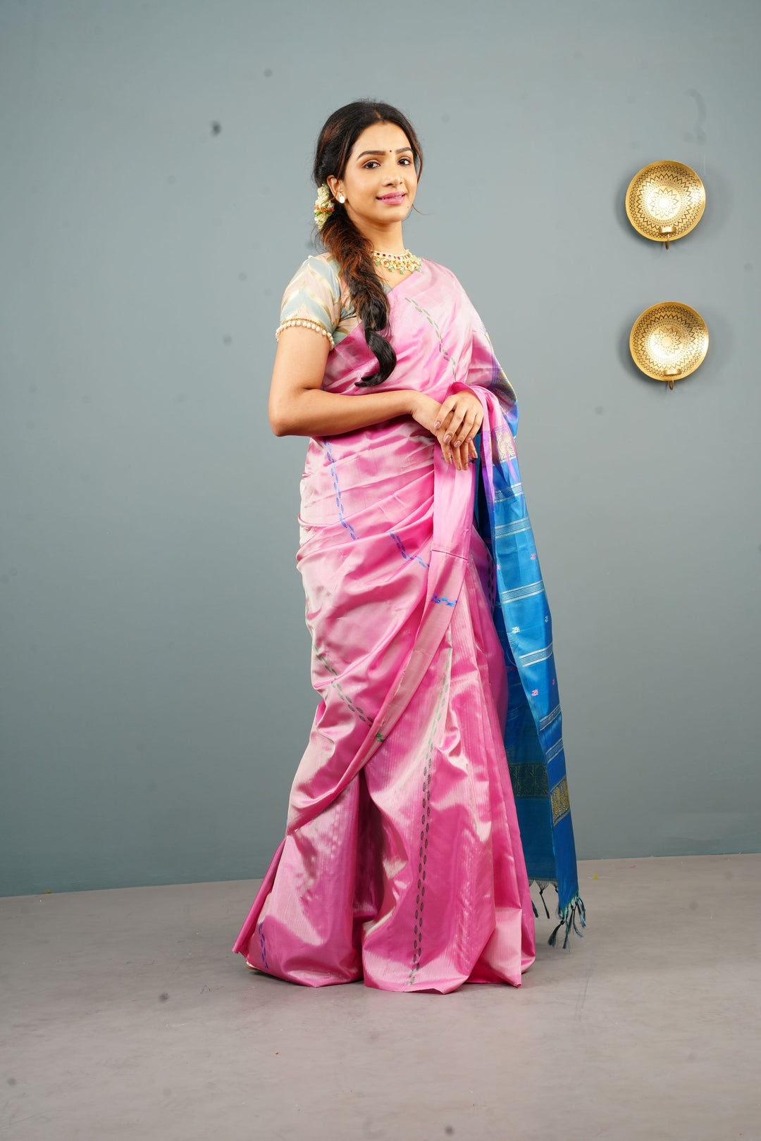 Vegan Silk Handloom Saree in pink with Resham Stripes, No Blouse piece