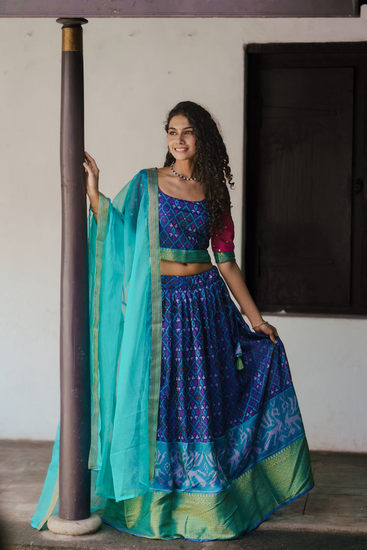 Shades of Blue Ikkat Print 3 PIece Crop Top with Skirt and Dupatta Set in Art Silk | Made To Order