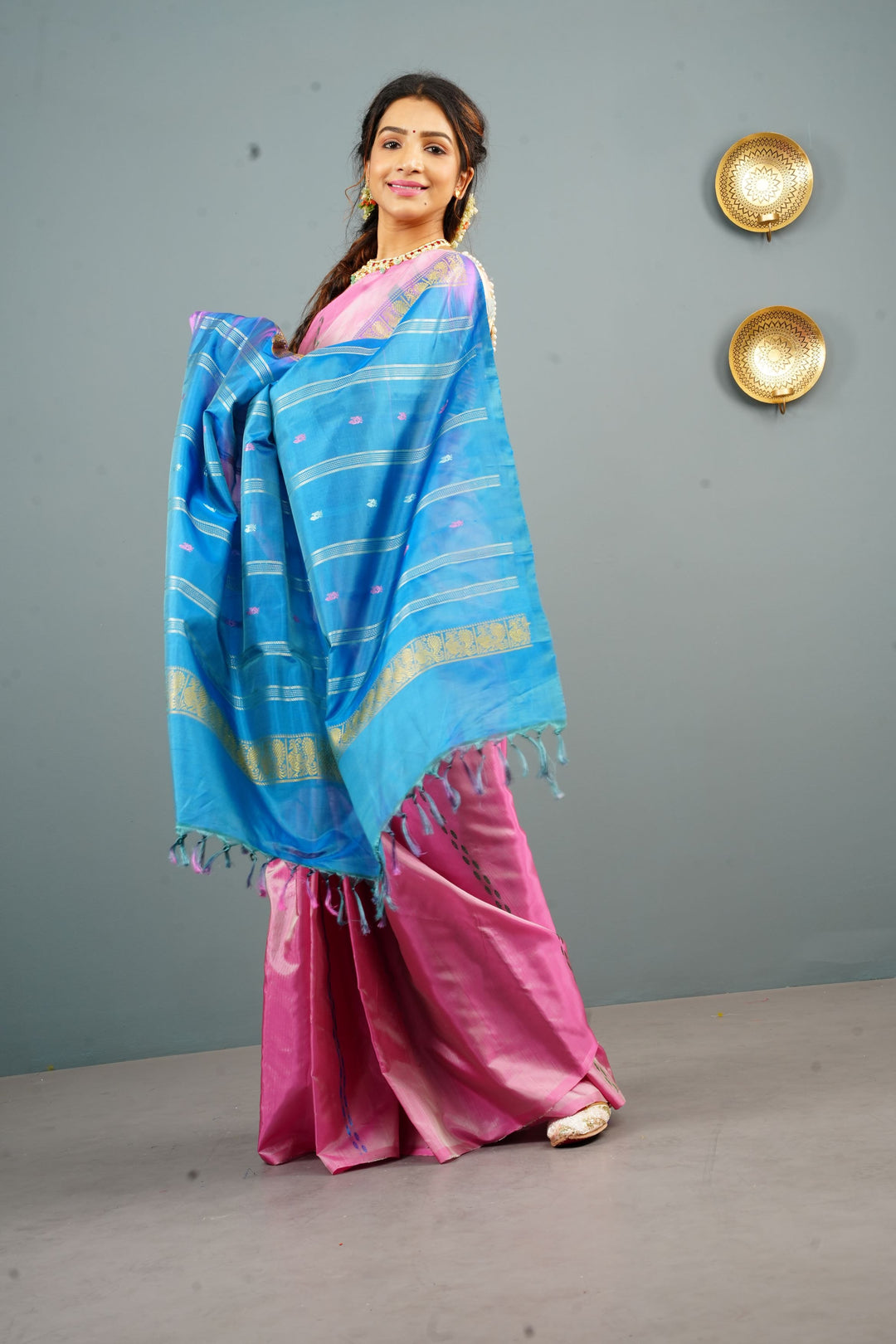 Vegan Silk Handloom Saree in pink with Resham Stripes, No Blouse piece