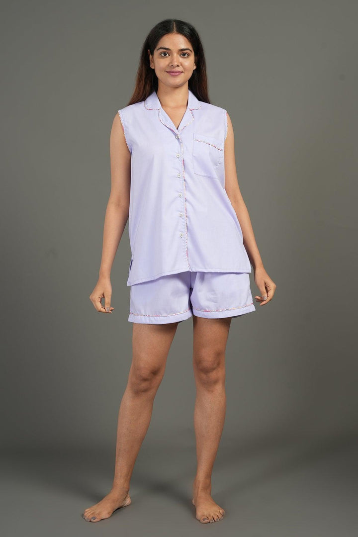 Fiona Lavender Cotton Shorts Night Suit | SHOBITAM