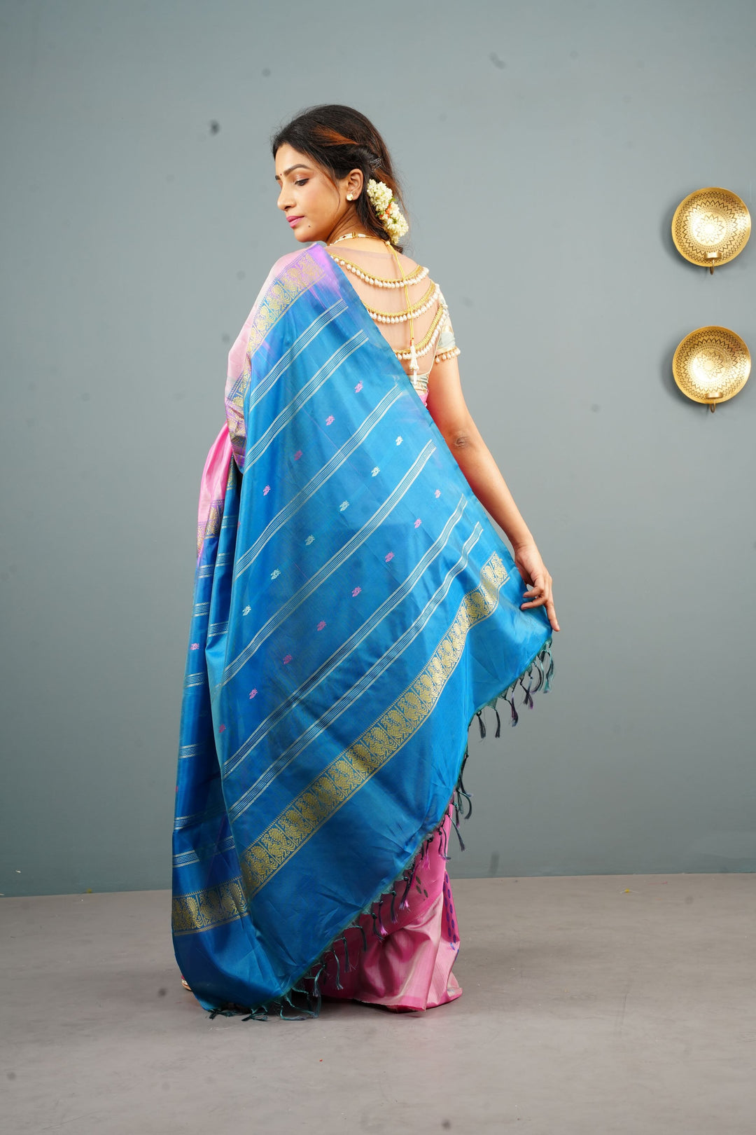 Vegan Silk Handloom Saree in pink with Resham Stripes, No Blouse piece