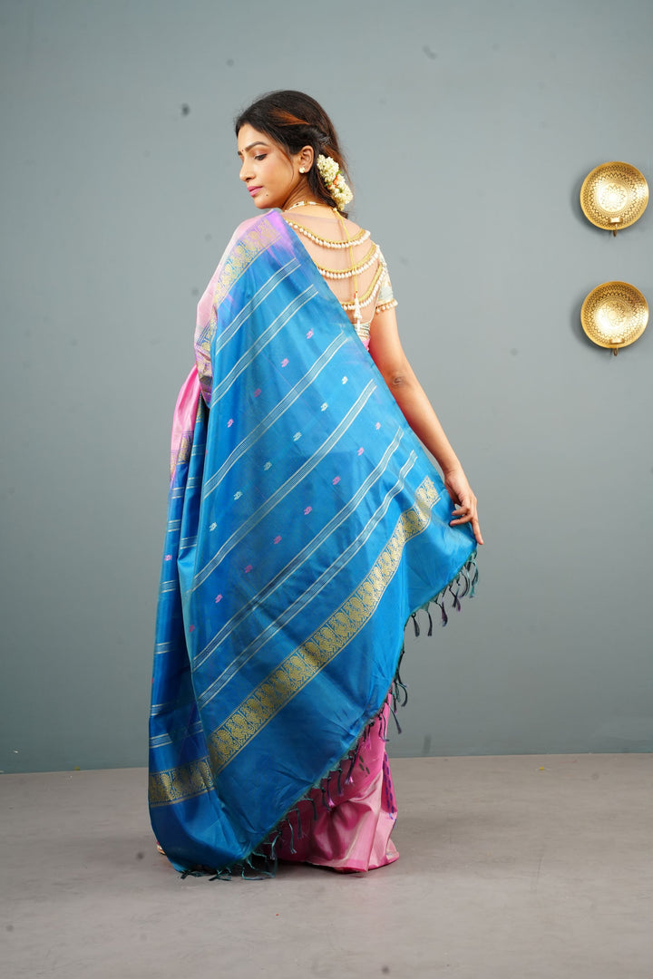Vegan Silk Handloom Saree in pink with Resham Stripes, No Blouse piece