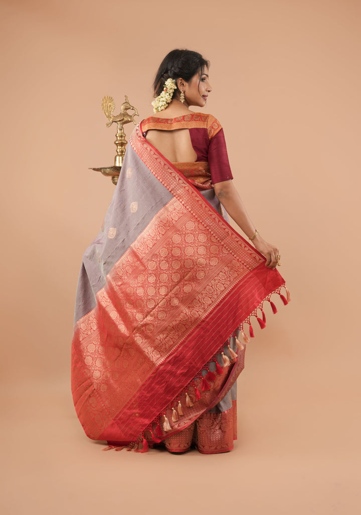 Gray Pure Tussar Silk Banarasi Saree with Antique Zari Kadhuwa Weaving | SILK MARK CERTIFIED