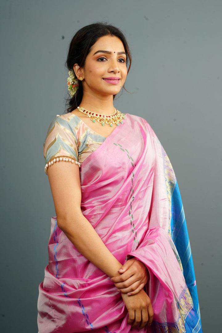 Vegan Silk Handloom Saree in pink with Resham Stripes, No Blouse piece