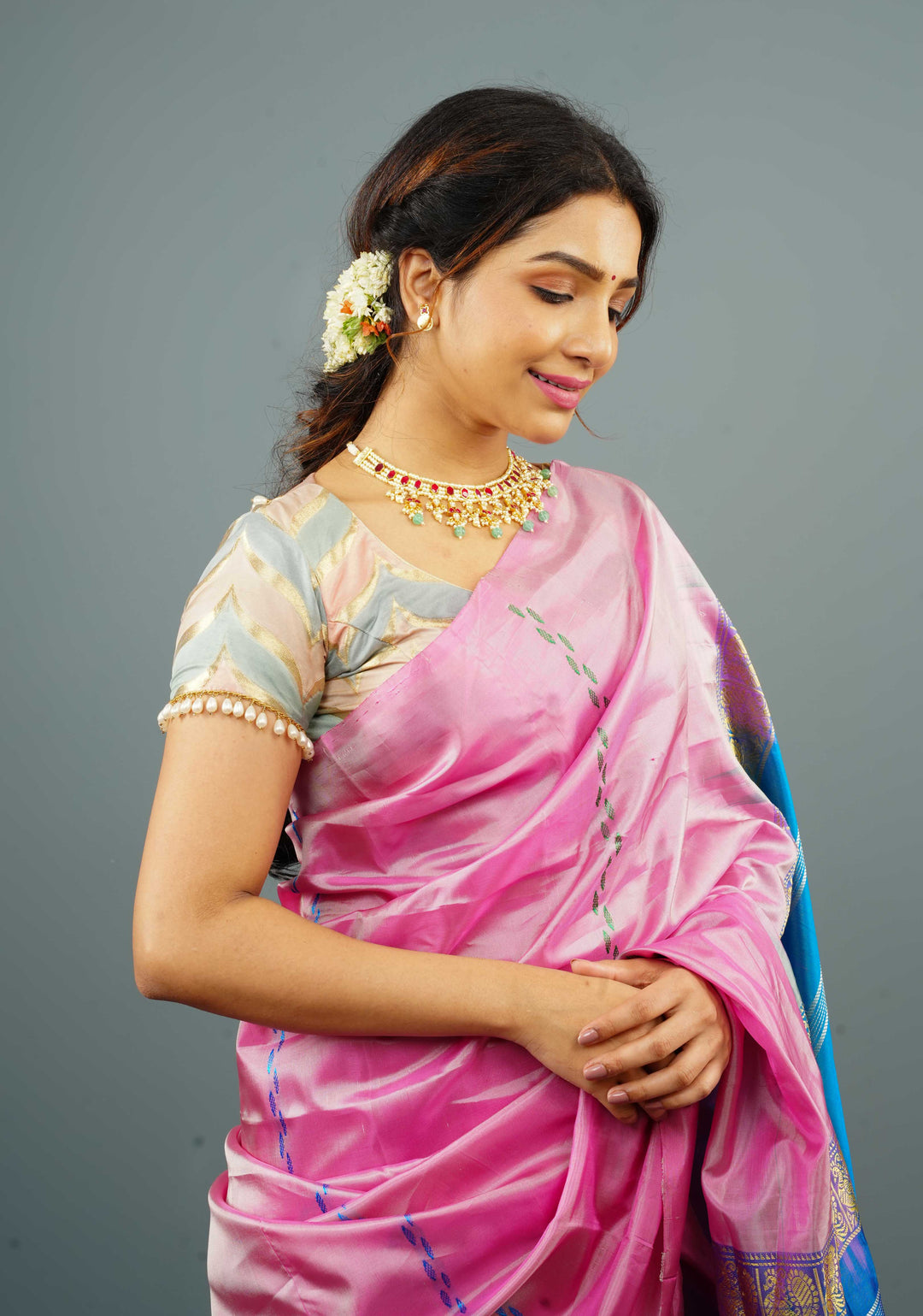 Banarasi Blouse in Gray Pink rangkaat designin pastel hues with beaded back detailing, Customizable, Made to Order