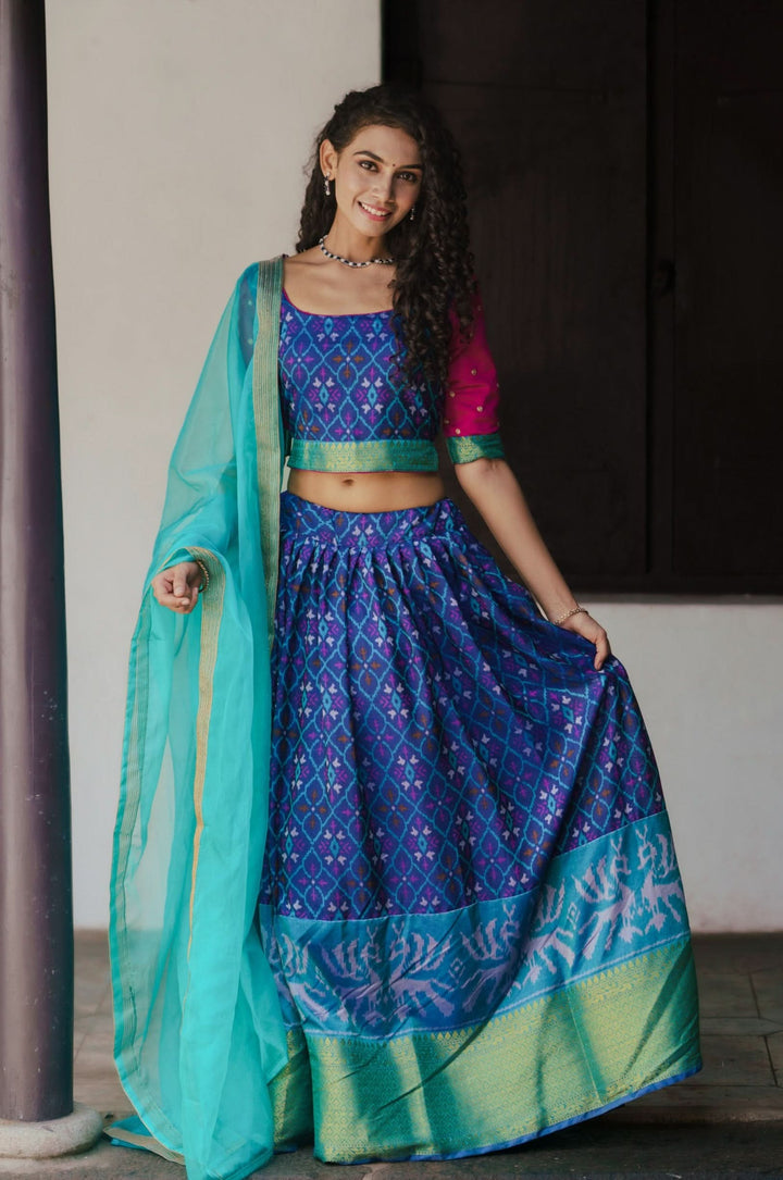 Shades of Blue Ikkat Print 3 PIece Crop Top with Skirt and Dupatta Set in Art Silk | Made To Order