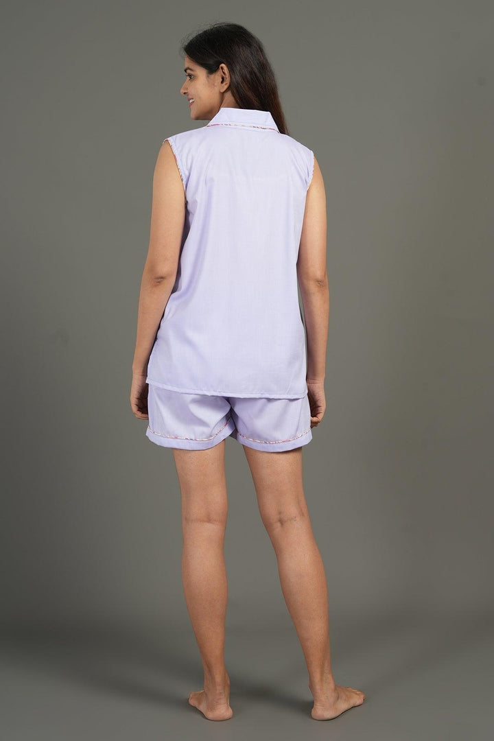 Fiona Lavender Cotton Shorts Night Suit | SHOBITAM